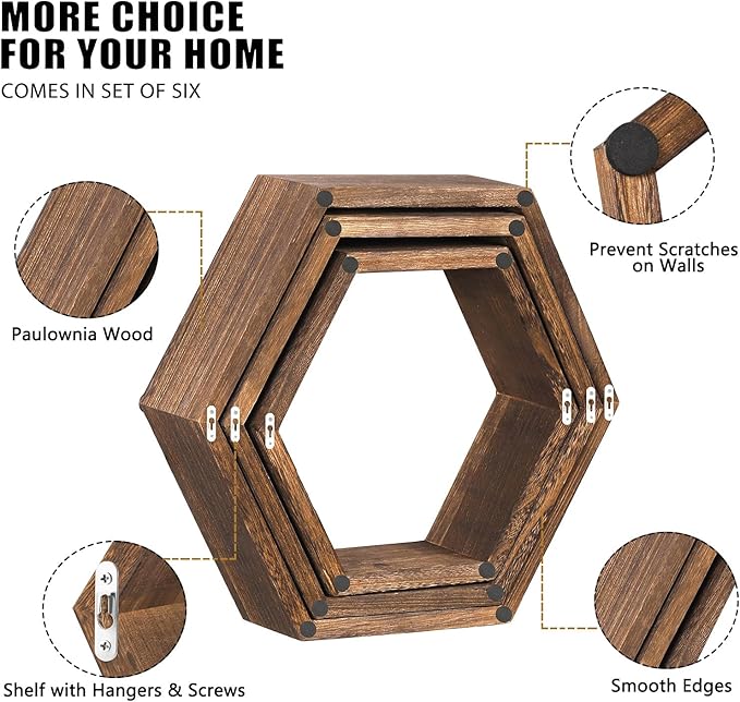 NOVIMANGO Honeycomb Floating Shelves Set of 6, Hexagon Floating Shelves | - Image 5