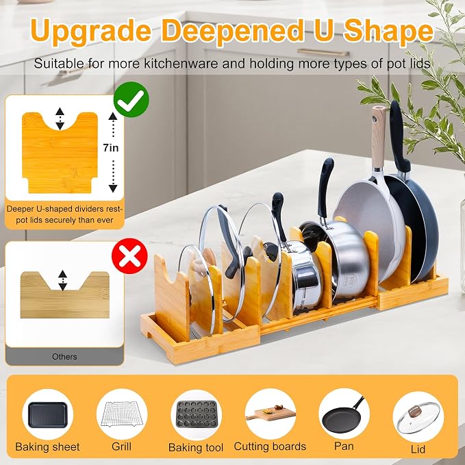 MinBoo Bamboo Expandable Pot Lid Organizer Pot Lid Holder, Pot and Pan - Image 2