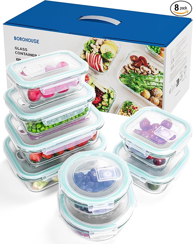 8-Piece Borosilicate Glass Food Storage Containers Set by BOROHOUSE