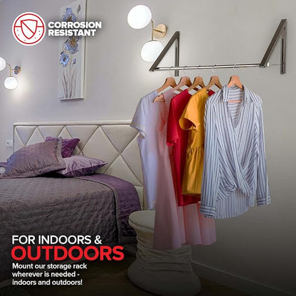 Double Foldable Clothing Rack w/ Extension Rod, Wall-Mounted Retractable - Image 7