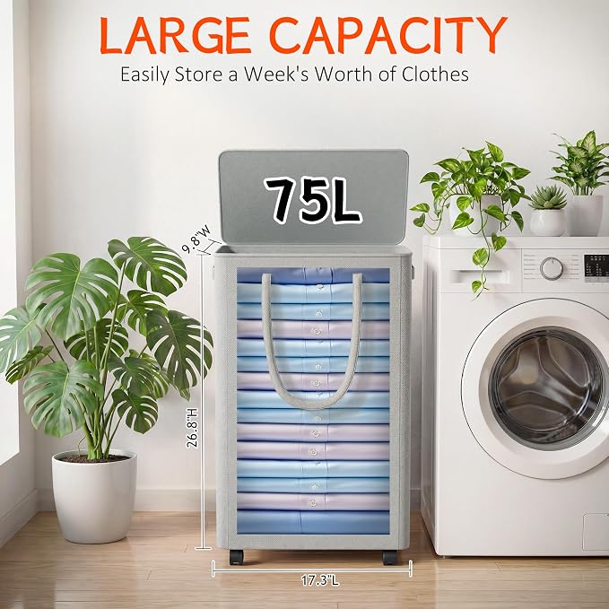 Slim Laundry Hamper with Wheels, 20 Gal Rolling Laundry Basket with lid and - Image 2