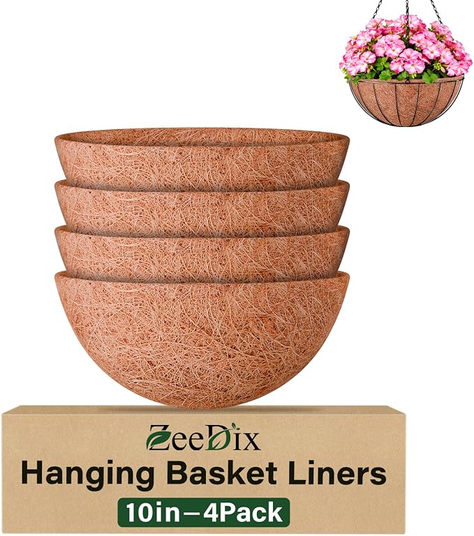 10 Inch Coco Liners for Planters, 4 Pack Hanging Basket Liners | Round Coco by ZeeDix