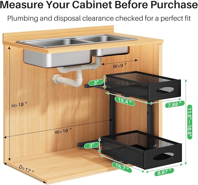 Under Sink Organizer, 2 Pack 2 Tier Pull out Cabinet Organizer Baskets - Image 2