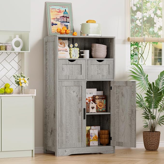 Iwell Storage Cabinet with 2 Drawers & 2 Adjustable Shelves, Kitchen Cabinet - Image 4