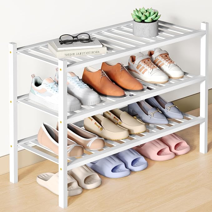 Smiry Bamboo Shoe Rack for Closet, 3 Tier Wooden Stackable Shoe Organizer by Smiry