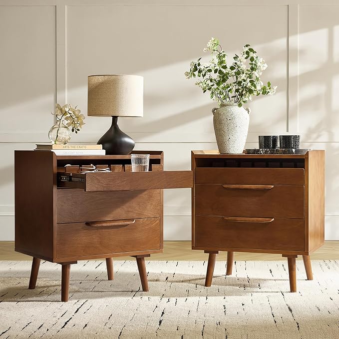 HULALA HOME Nightstand with Charging Station, Mid-Century Modern 2 Drawer and by HULALAHOME
