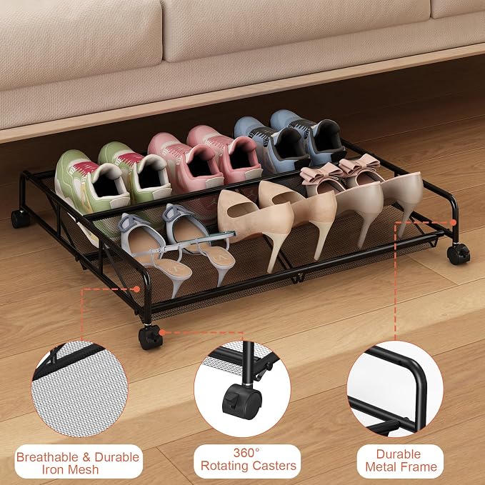 Under Bed Shoe Storage Organizer, 2 Pack Metal Mesh Under Bed Storage Containers - Image 7