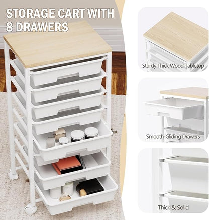 Rolling Cart with 8 Drawers, Storage Drawers Cart with Wooden Tabletop and - Image 3