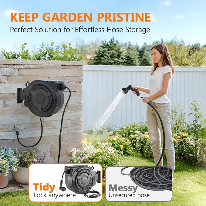wikiwiki Retractable Garden Hose Reel 1/2 in x 100 ft, Heavy Duty Wall Mounted - Image 2
