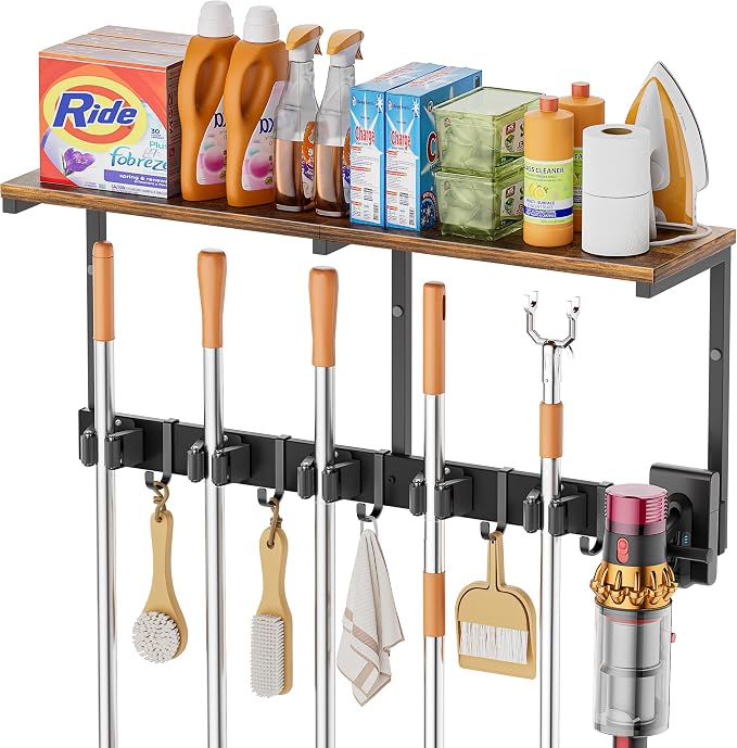 Broom Holder Wall Mount with Cleaning Supplies Organizer, Laundry Room by Olakee