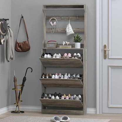 BORNOON Shoe Cabinet with 3 Flip Drawers & Coat Rack, Narrow Hidden Shoe - Image 7