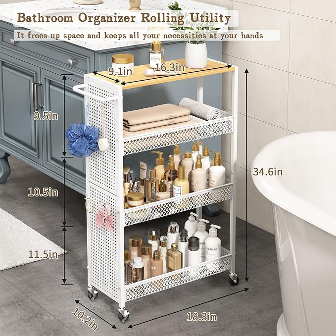 Utility Slim Storage Cart 4 Tier Small Rolling Kitchen Laundry Room - Image 2