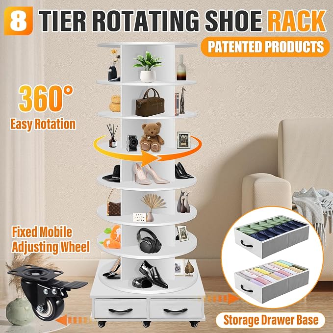 8 Tier Rotating Shoe Rack Tower contains 2 drawers, Spinning Shoe Rack Display - Image 4
