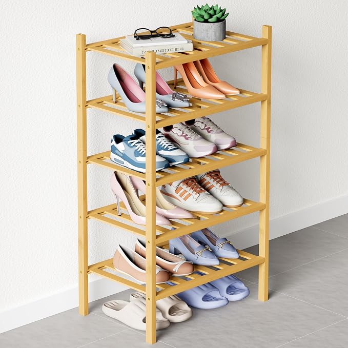 Smiry Bamboo Shoe Rack for Closet, 5 Tier Small Wooden Stackable Shoe Organizer by Smiry