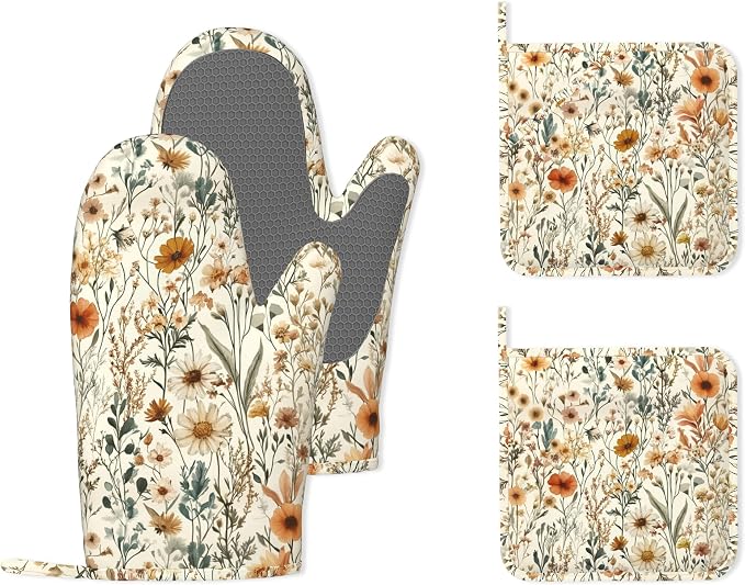 Vintage Flowers Silicone Oven Mitts and Pot Holders, Boho Heat-Resistant 4 by Unknown