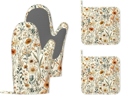 Vintage Flowers Silicone Oven Mitts and Pot Holders, Boho Heat-Resistant 4 by Unknown