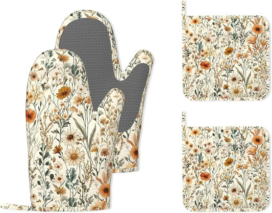 Vintage Flowers Silicone Oven Mitts and Pot Holders, Boho Heat-Resistant 4 by Unknown