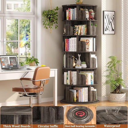 Aheaplus 6 Tier Rotating Bookshelf, Wood Spinning Bookshelf Tower, Round - Image 4