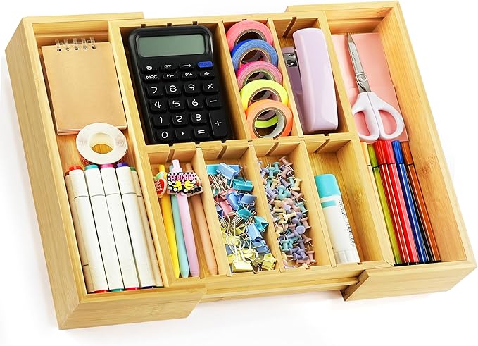 TREWAVE Bamboo Desk Drawer Organizer, Expandable Drawer Organizer Tray by TREWAVE
