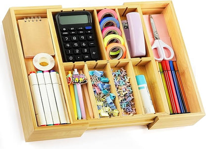 TREWAVE Bamboo Desk Drawer Organizer, Expandable Drawer Organizer Tray by TREWAVE