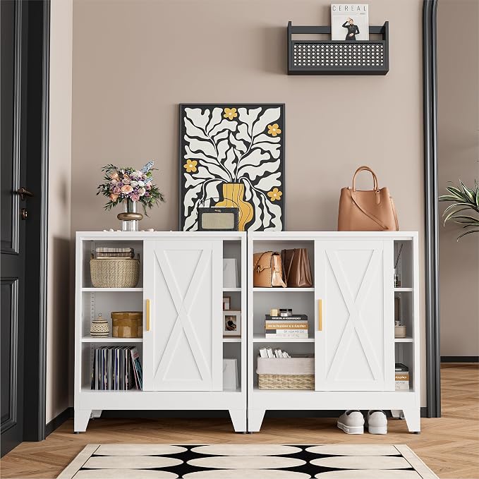 COFaR White 37" H Sliding Door Storage Cabinet, Half Open Half Closed Design - Image 4