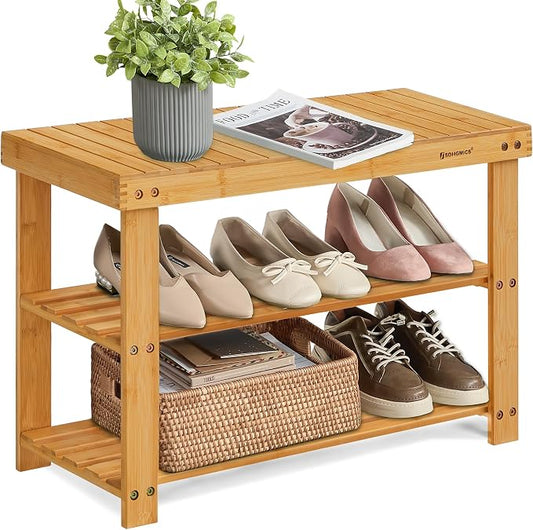 SONGMICS Shoe Rack Bench, 3-Tier Bamboo Shoe Storage Organizer, Entryway Bench by Unknown