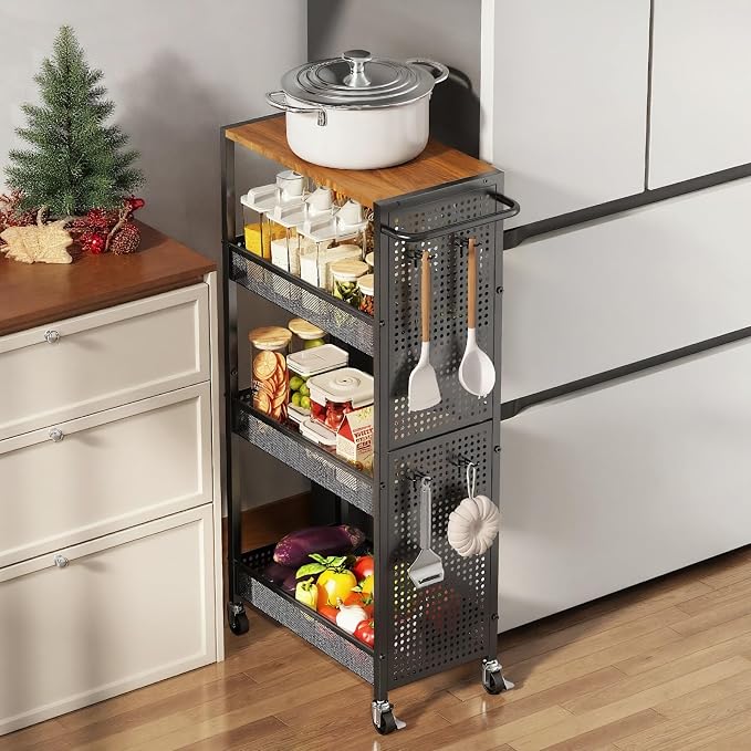 4-Tier Slim Storage Cart with Wheels, Small Mobile Organizer Shelf with Wooden by KITREPAION