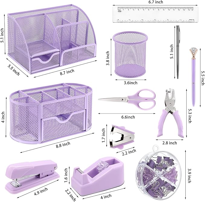 17 in 1 Purple Desk Organizers and Accessories Set, 3 Office Desk Supplies - Image 2