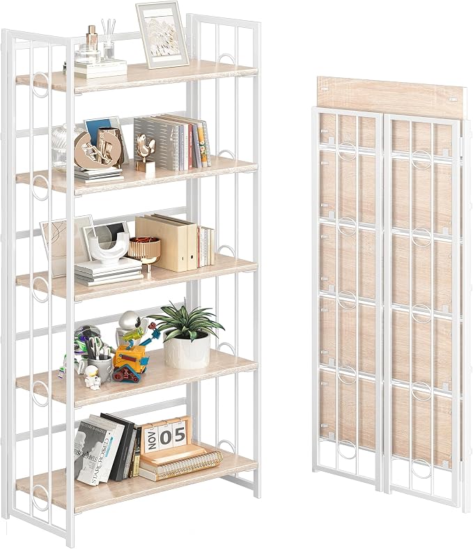 4NM No Assembly 5 Tiers Folding Bookshelf, 59.4" H Foldable Storage Shelves by 4NM