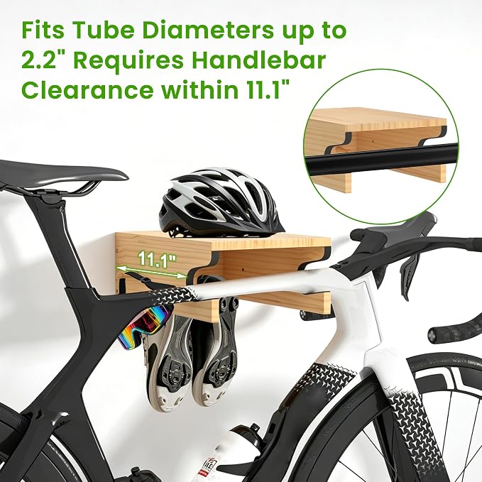 Wooden Bike Wall Mount w/Shelf & Hooks, Road Bike Storage Decor | Solid Wood - Image 5