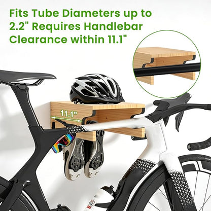 Wooden Bike Wall Mount w/Shelf & Hooks, Road Bike Storage Decor | Solid Wood - Image 5