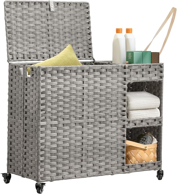 Laundry Hamper with Wheels, 42.3 Gal. Laundry Sorter with Shelves, Rattan by Hiagnete