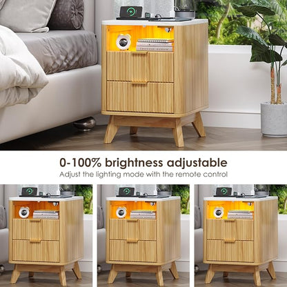 Nightstand with Charging Station, Fluted Nightstand with LED Lights, Modern - Image 6