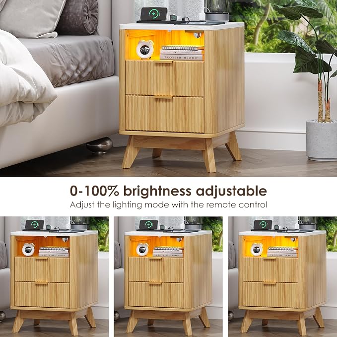 Nightstand with Charging Station, Fluted Nightstand with LED Lights, Modern - Image 7