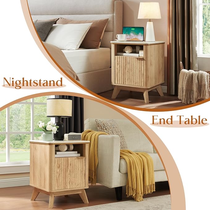 QUW Fluted Nightstands with Charging Station, Wooden Bedside Table with Faux - Image 7