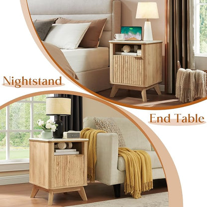 QUW Fluted Nightstands with Charging Station, Wooden Bedside Table with Faux - Image 7