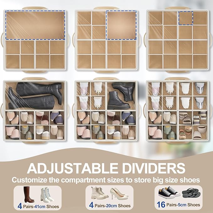 2 Pack Large Shoe Organizer for Closet, 32 Pairs Shoe Storage Box Beige | 360° - Image 5