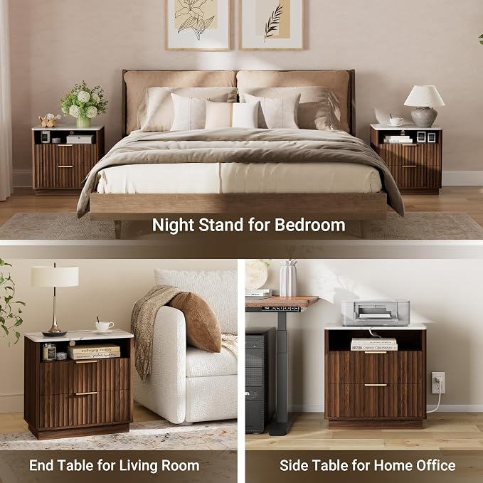 Large Fluted Night Stand with Charging Station, 2 Drawers Nightstand with - Image 7
