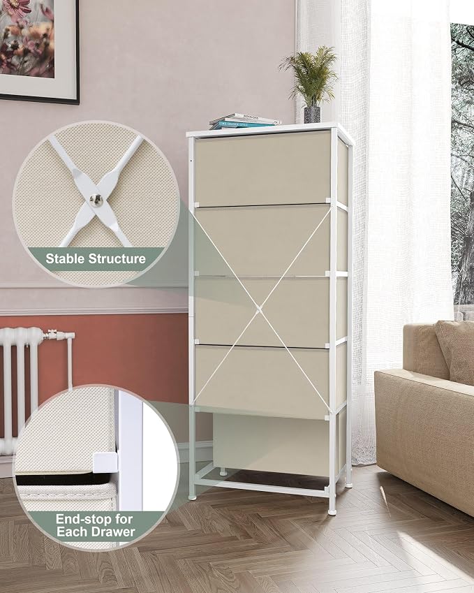 Tall Dresser Vertical Fabric Storage Tower Organizer, 5 Drawers | Sturdy Steel - Image 6