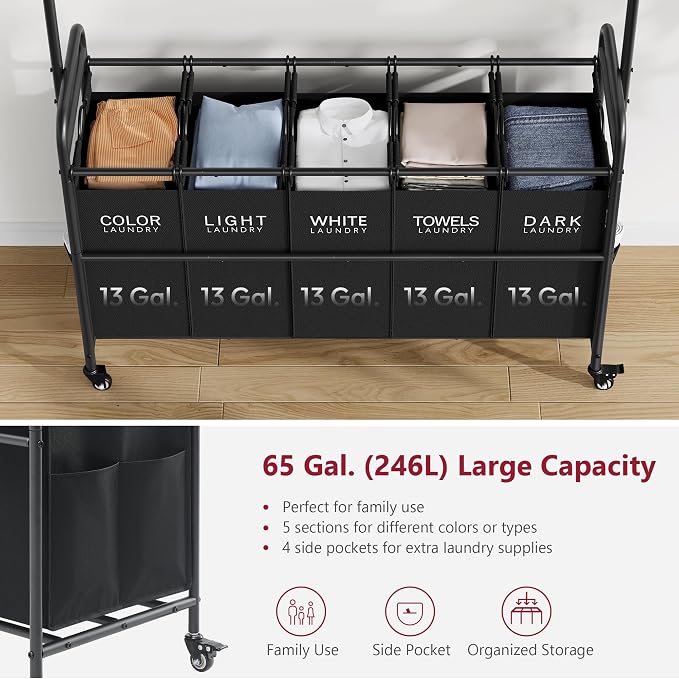 Tajsoon Laundry Sorter with Hanging Rack, 5 Section Laundry Sorter, Rolling - Image 4