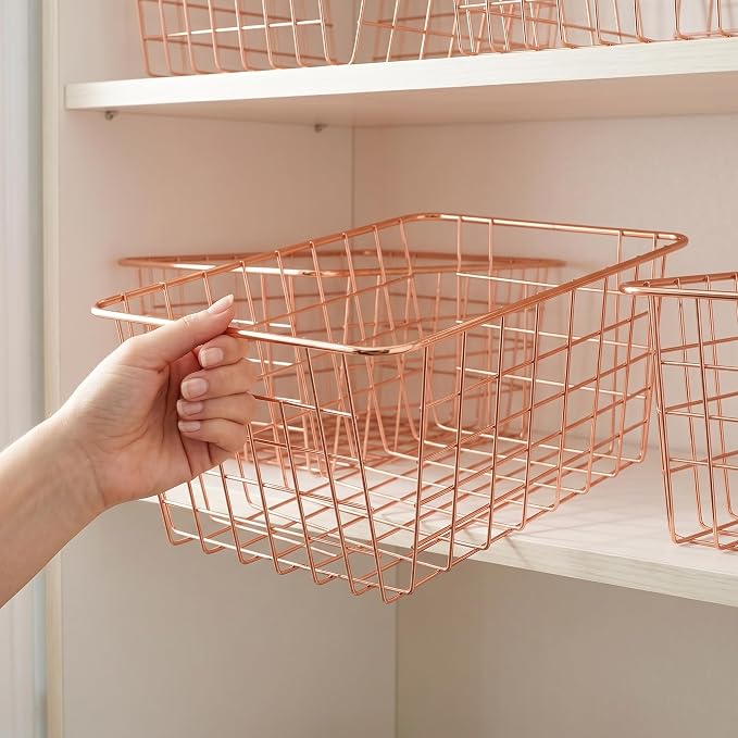 Jucoan 4 Pack Metal Wire Storage Baskets, Rose Gold Wire Baskets - Image 8