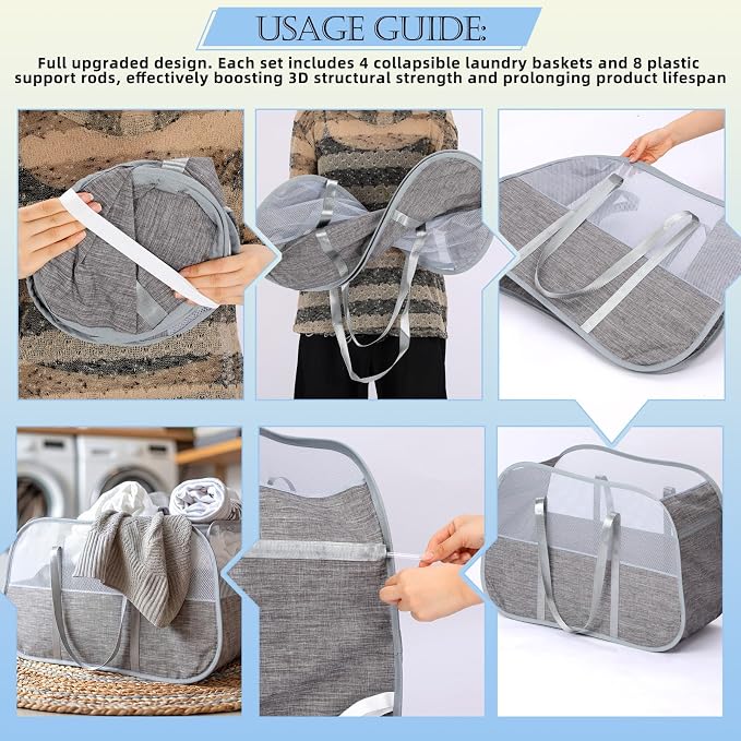 4 Pcs Collapsible Laundry Baskets, 95L Mesh Pop up Laundry Hampers - Image 6