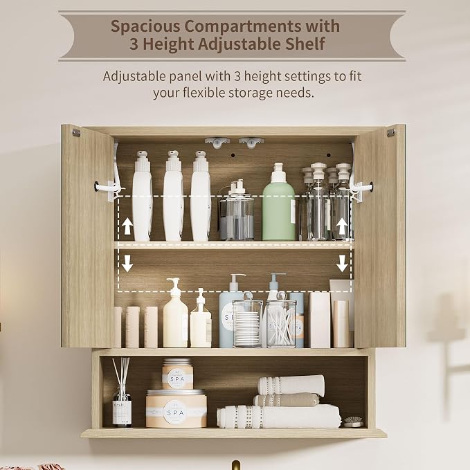 Bathroom Medicine Cabinet with Mirror, Lighted Wall Storage Cabinet, Oak | 21" - Image 3
