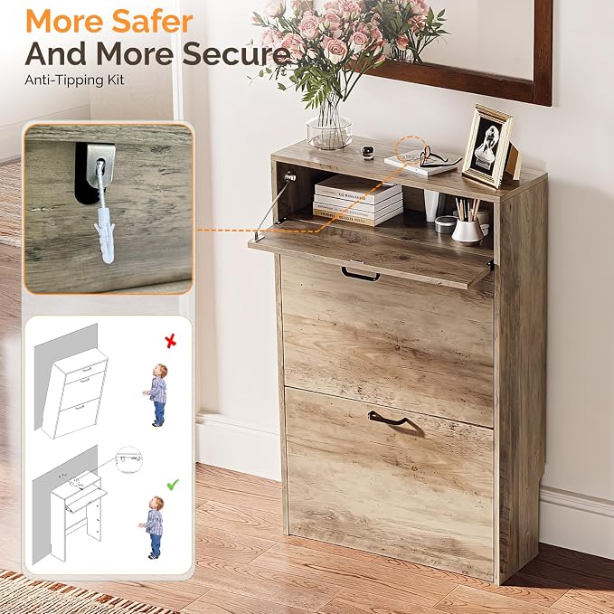VINGLI Set of 2 Washed Gray Shoe Cabinet - Image 9
