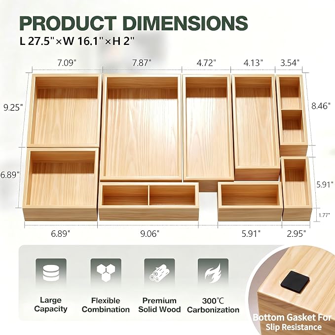 9-Pack Solid Wood Junk Drawer Organizer, Modular Desk Drawer Tray & Accessories - Image 4