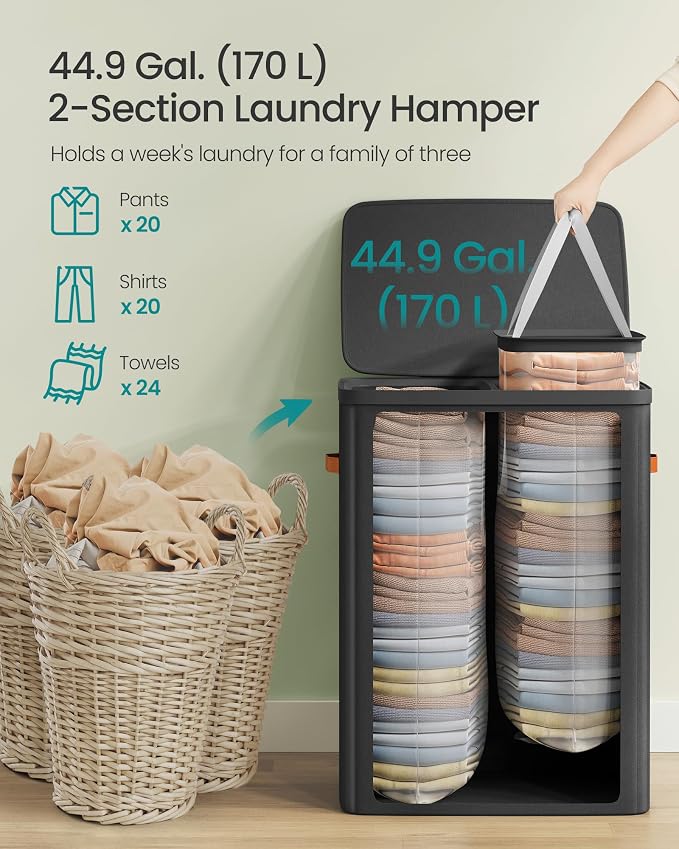 SONGMICS Laundry Basket, 44.9 Gal. Laundry Hamper, 2 Compartments, Easy Assembly - Image 4