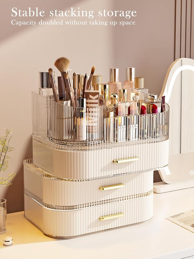 Makeup Organizer with Stackable Drawer, 360 Rotating Makeup Brush Holder - Image 5