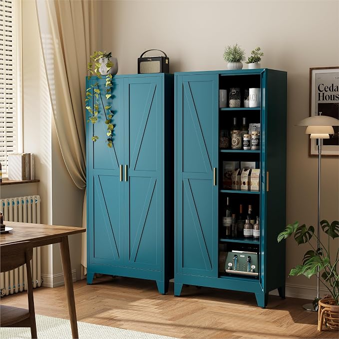 COFaR 71" Metal Pantry Cabinet in Peacock Blue, 5-Tier Storage by COFAR
