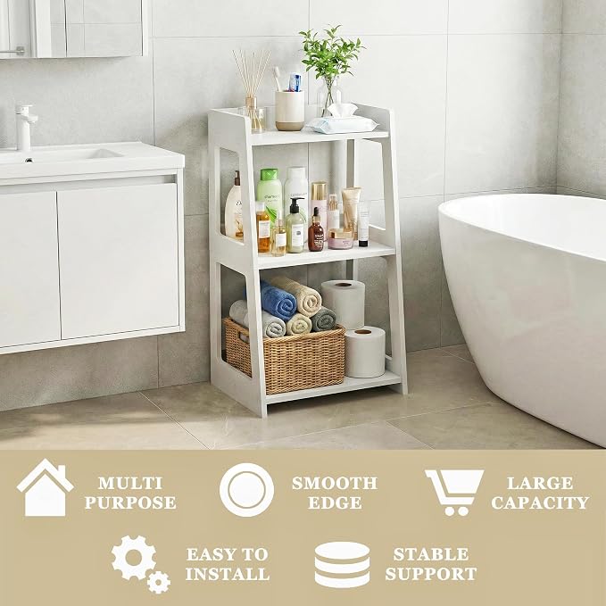 3-Tier Bathroom Ladder Shelf Freestanding, 15.7" W x 27.6" H | White PVC Floor - Image 5