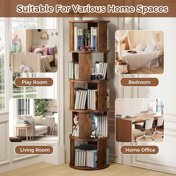 5 Tier Rotating Bookshelf Tower, 360° Display Round Bookcase, Floor Standing - Image 8